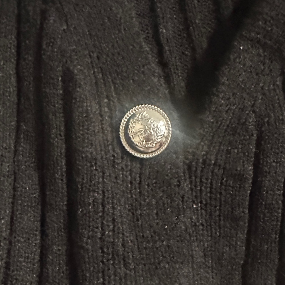 Black Ribbed Button Cardigan with White Ruffle Trim - Picture 3 of 6